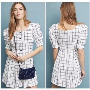 Gal Meets Glam OP Windowpane Check‎ Puff Sleeve Mini Dress White Blue Cotton
